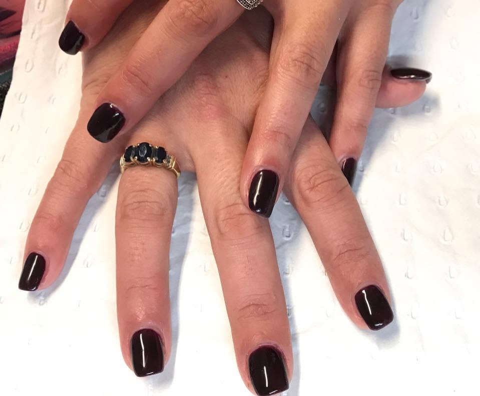 Glossy dark plum gel nails by Loft Hair & Co, Matamata
